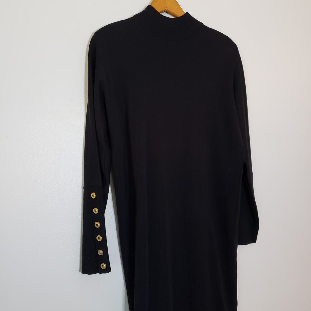 Vintage Liz Claiborne Wool Long Sleeve Mock Neck Sweater Dress Black Gold Med